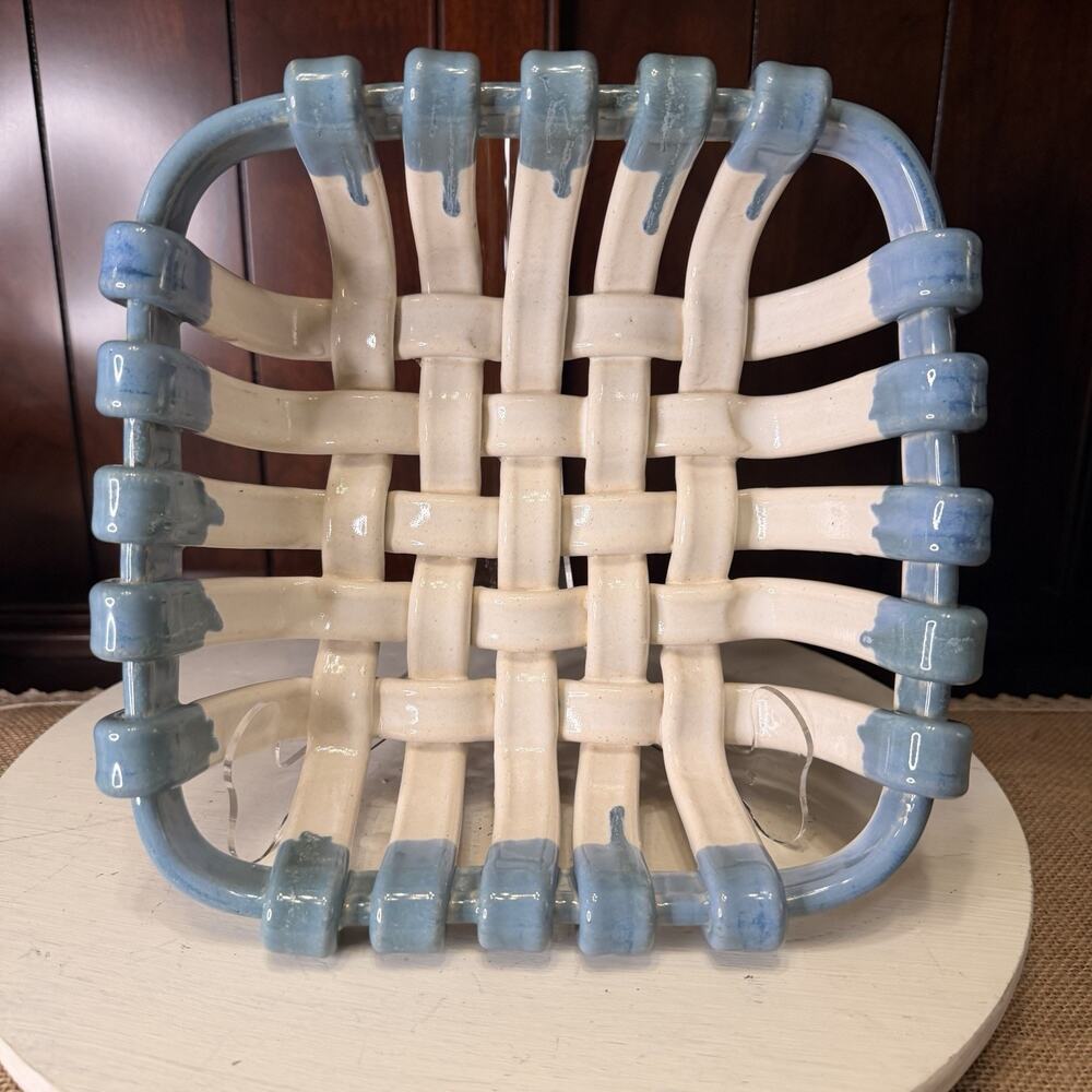 Vintage Ceramic Woven Pottery Basket Bread Basket Fruit Bowl 9.5”